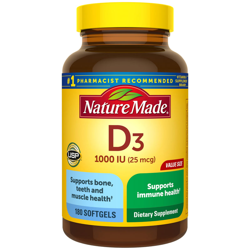 Nature Made Vitamin D3 1000 IU (25 Mcg), Dietary Supplement for Bone, Teeth, Muscle and Immune Health Support, 180 Softgels, 180 Day Supply