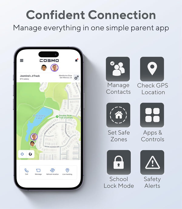Jrtrack 4 Kids Smart Watch by Cosmo | Phone Watch & GPS Tracker | Enhanced Parental Controls | Call, Text, Activity, School Lock | Spotify Music |
