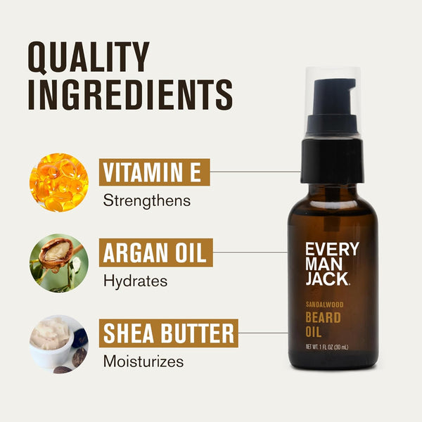 Every Man Jack Beard Grooming Kit for Men - Includes Sandalwood Beard Oil & Beard Balm, Beard Brush, Wooden Dual-Sided Comb, Trimming Scissors and