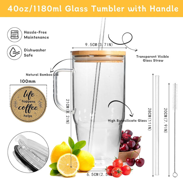 ANOTION Glass Cups with Lids and Straws - 40 Oz Tumbler with Handle and Straw Glass Water Bottles Drinking Glasses with Straws Iced Coffee Cups