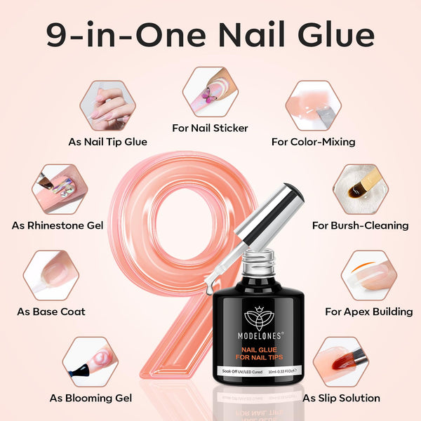 Modelones Gel Nail Kit Short Almond Gel Nail Tips, 9-In-One Nail Glue with Portable U V Nail Lamp, 216Pcs 12Sizes Press on Acrylic False Nails Tip