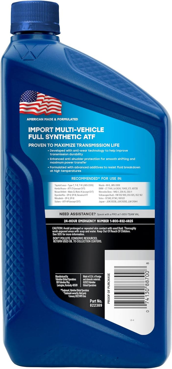 Valvoline Import Multi-Vehicle (ATF) Full Synthetic Automatic Transmission Fluid 1 QT, Case of 6