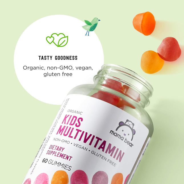 Amazon Brand - Mama Bear Organic Kids Multivitamin Gummies, Berry, Cherry & Orange, 60 Count, 1 Month Supply (Packaging 