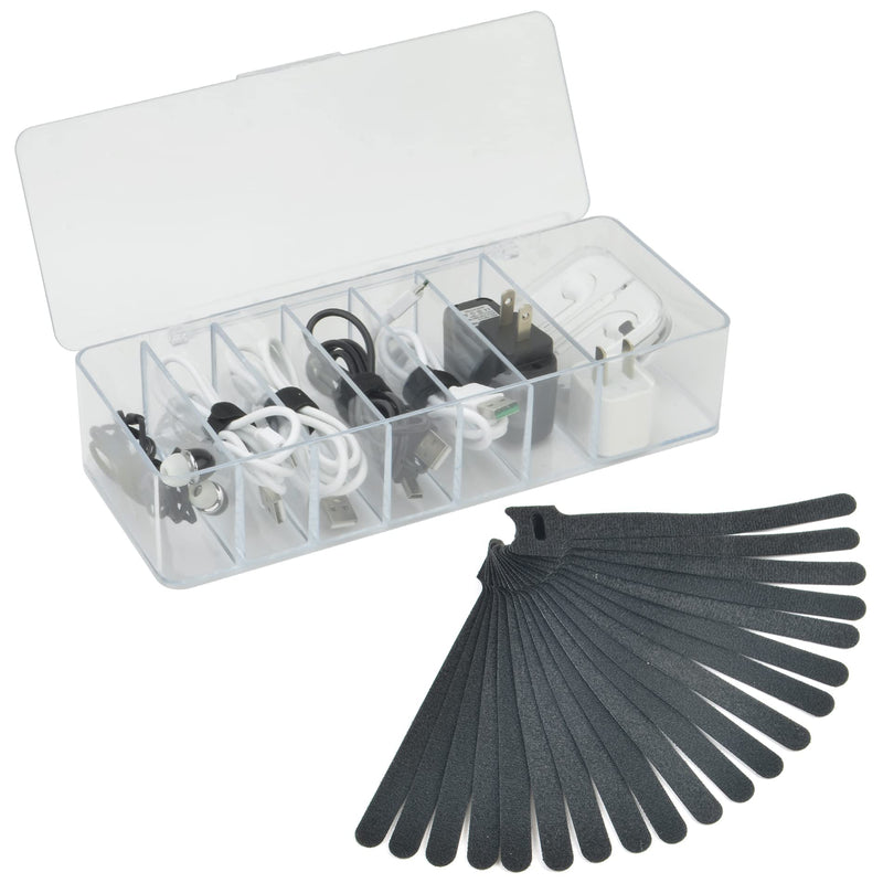 Electronics Organizer 7 Sections Clear Acrylic Cable Storage Bin Box Cord Holder with 20 PCS Reusable Fastening Fabric Cable Ties Straps Cord