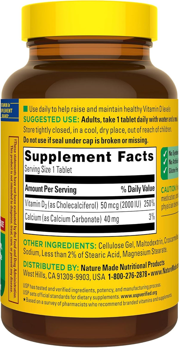 Nature Made Vitamin D3 2000 IU (50 Mcg), Dietary Supplement for Bone, Teeth, Muscle and Immune Health Support, 220 Tablets, 220 Day Supply