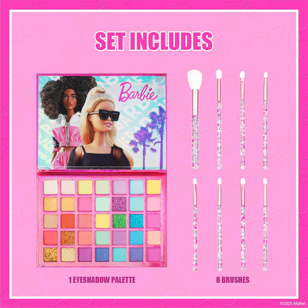 Barbie 35-Well Shadow Palette, Shimmery and Opaque Colors, Pigmented Blendable, 8 Application Brushes Ages 8+, Perfect for Parties, Sleepovers &