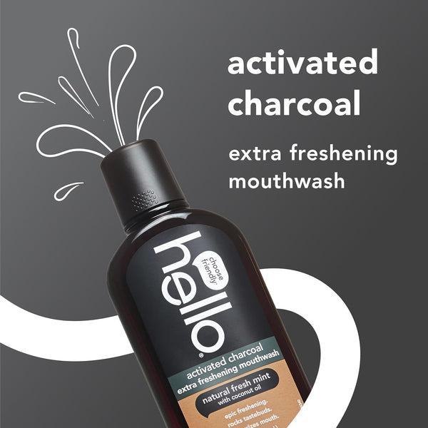 Hello Activated Charcoal Extra Freshening Mouthwash, Natural Fresh Mint and Coconut Oil, Fluoride Free, Alcohol Free, Vegan, SLS Free and Gluten