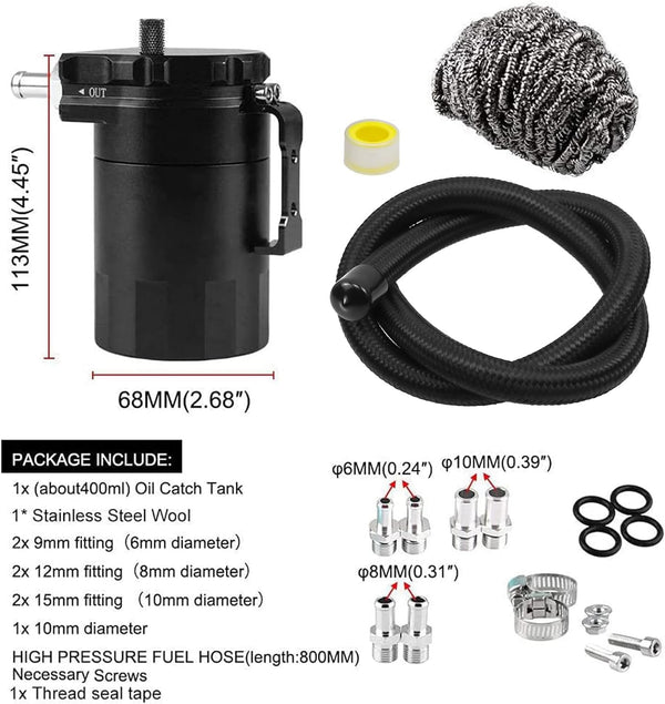 RULLINE Universal 350Ml Oil Catch Can Tank 0046 Aluminum Polish Baffled Reservoir Black Upgraded Braided Hose