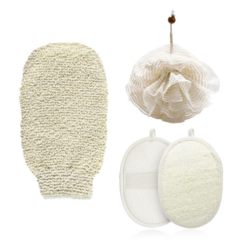 Natural Hemp Bath Mitts & Loofah Gloves Set - Exfoliating Shower Gloves for Women and Men, Organic Fiber Body Scrubber, Reusable Eco-Friendly Bath