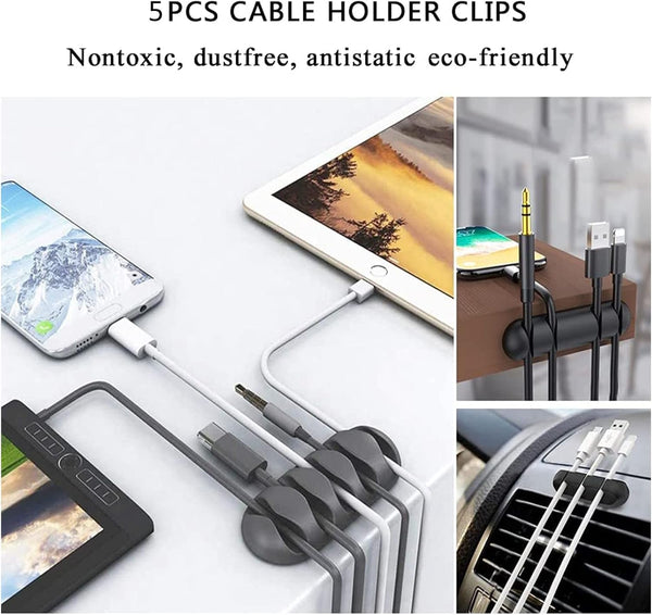 Cable Management Organizer Kit 2 Cable Sleeve Split with 41Self Adhesive Cable Clips Holder, 10Pcs and 2 Roll Self Adhesive Tie and 100 Fastening