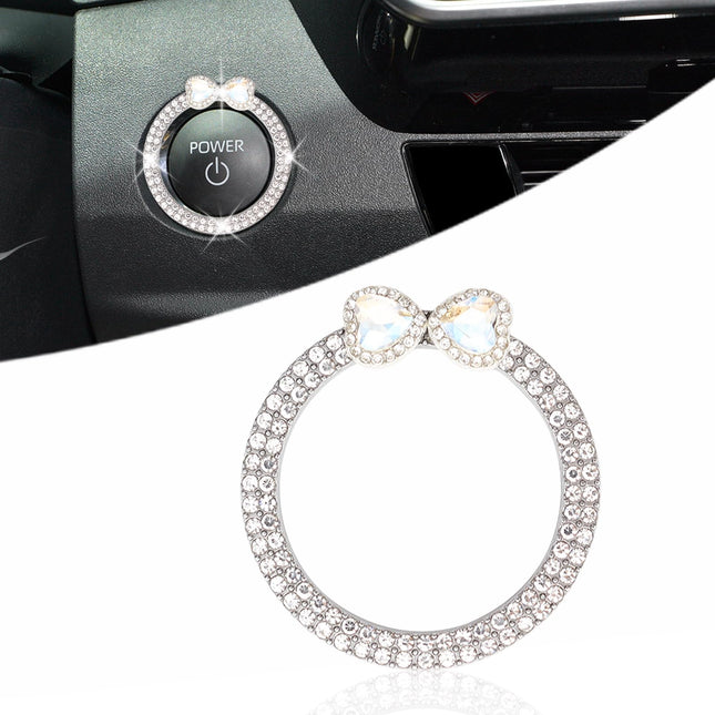 Car Engine Start Stop Button Ring Double Colorful Heart Push Start Button Car Decor Silver Ignition Ring Bow Car Accesso