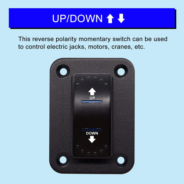 Weideer 20A 12V Polarity Reversing Momentary Rocker Switch DC Motor Control 7Pin up down Blue LED Winch In/Out Switch with Aluminum Plate Screw