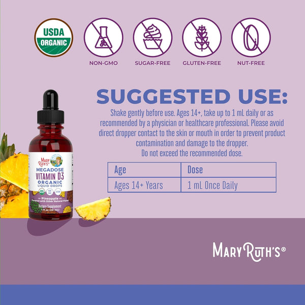 Maryruth Organics Vitamin D3 Liquid Drops | Megadose 4000 IU | USDA Organic Liquid Vitamin D Spray for Adults & Kids | Immune Support & Bone