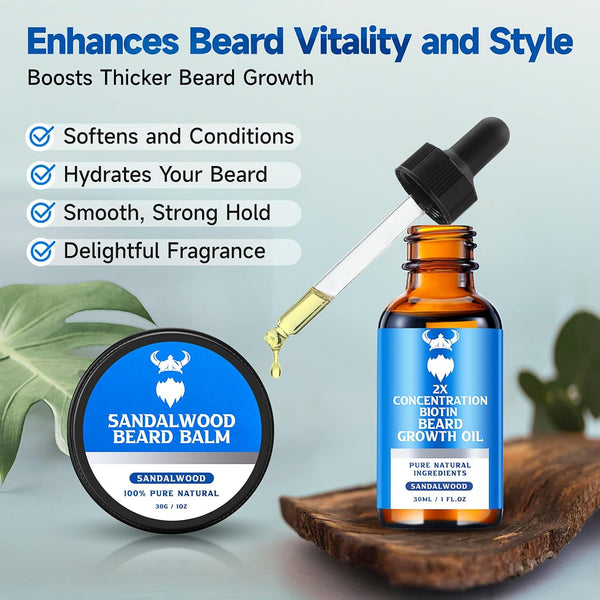Beard Growth Oil & Beard Balm - Beard Growth Kit with 2X Concentration Biotin for Men, Natural Ingredients with Argan Oil, Jojoba Oil and Vitamin