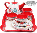 Tea Set for Little Girls, Pretend Play Tea Party Set, Floral Design Kids Tin Tea Set with Carrying Case (15 Pcs)
