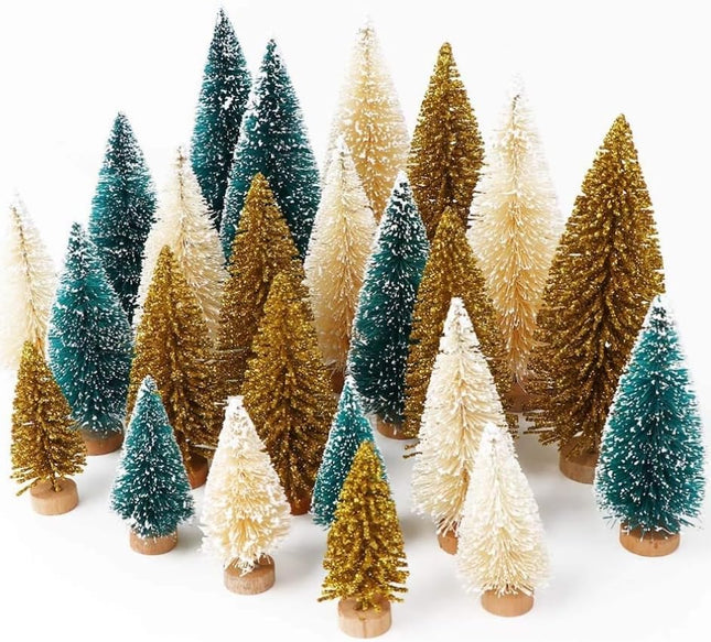 Aerwo 24Pcs Mini Christmas Trees Bottle Brush Trees with Wood Base, Christmas Village Trees for Tabletop Christmas Decor