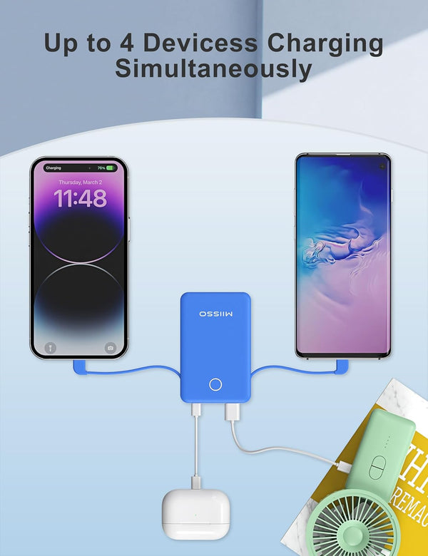 6000Mah Ultra Slim Built in Cables Power Bank, Card Size Built in USB C Cords Battery Pack Portable Charger for Phones, 3 Output External Battery