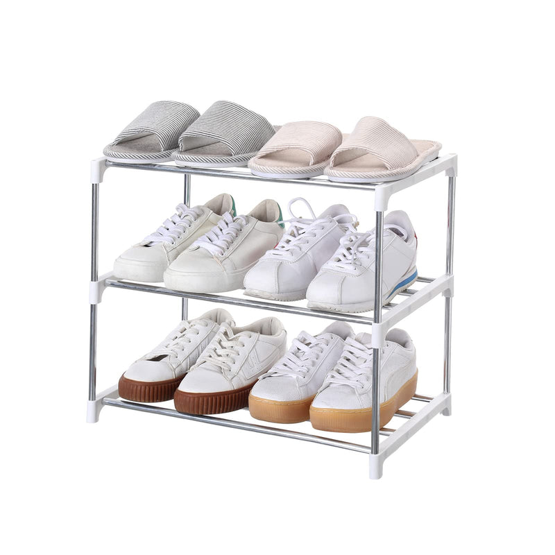 Stackable Small Shoe Rack, Entryway, Hallway and Closet Space Saving Storage and Organization (3-Tier, White)