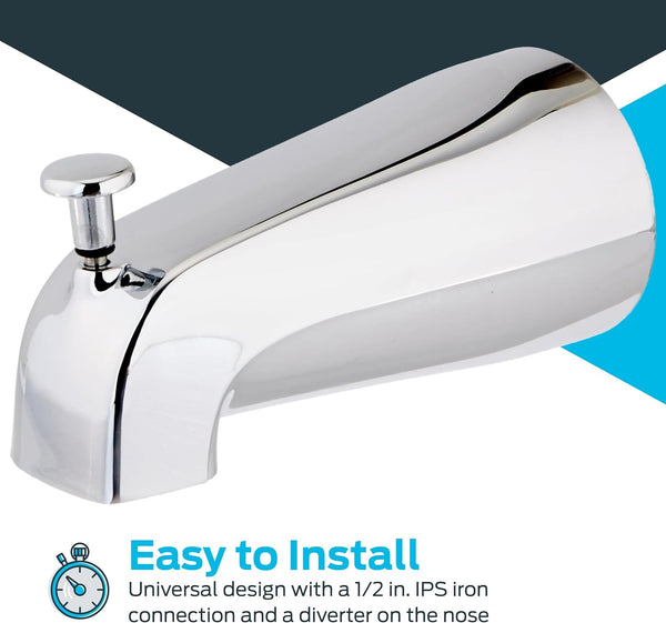 EZ-FLO 5 Inch Zinc Bath Tub Diverter Spout, 1/2 Inch IPS Pipe, Chrome, 15083