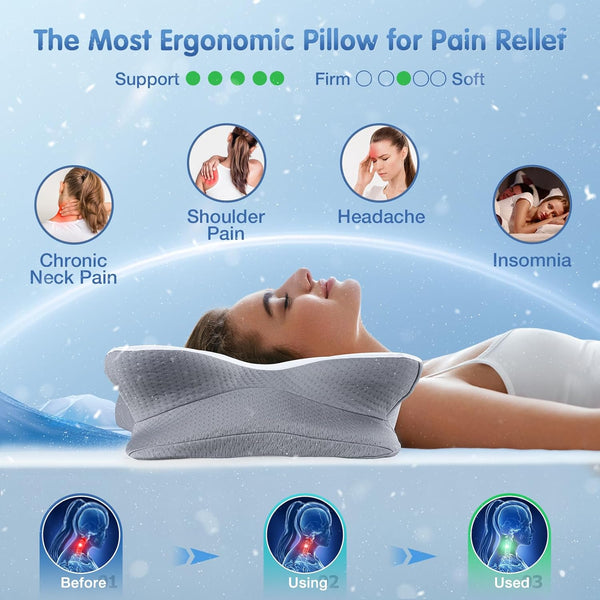 Cervical Neck Pillow for Pain Relief Sleeping, Neck Support Pillows for Sleeping with Cooling Pillowcase, Ergonomic Memory Foam Pillows, Contour
