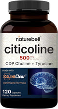 Naturebell Citicoline Supplements, CDP Choline, Citicoline 500Mg plus Tyrosine 50Mg per Serving, Optimized Dosage, 120 Capsules, 2 in 1 Formula,