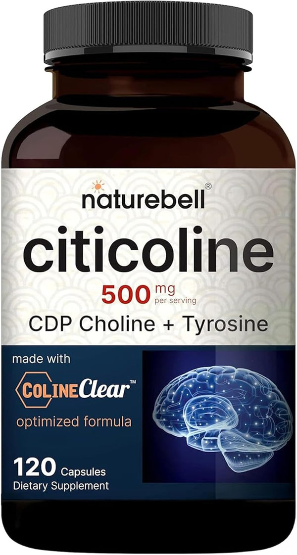 Naturebell Citicoline Supplements, CDP Choline, Citicoline 500Mg plus Tyrosine 50Mg per Serving, Optimized Dosage, 120 Capsules, 2 in 1 Formula,