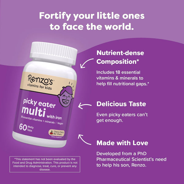 Renzo'S Picky Eater Kids Multivitamin with Iron, Dissolving Kids Vitamins with Vitamin D3 & K2 and More, 60 Sugar-Free Melty Tabs, Cherry Moâ
