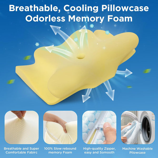 Cool Cervical Neck Pillow for Pain Relief, Ergonomic Contour Side Sleeper Pillow for Adults, Orthopedic Memory Foam Back Stomach Sleepers, 2 in 1