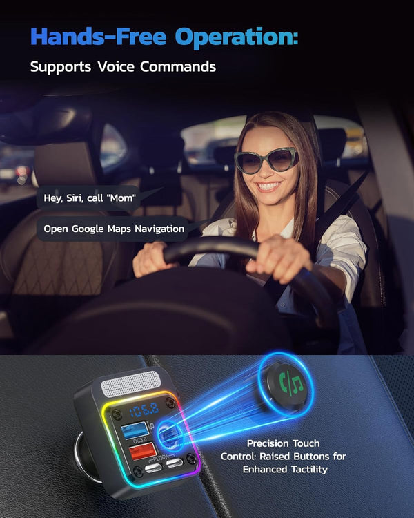 Nulaxy 54W Bluetooth 5.3 Car Adapter with 4 Charging Ports [PD 36W & QC3.0 18W], Wireless Radio FM Transmitter with Deep Bass Player & 5 Colors