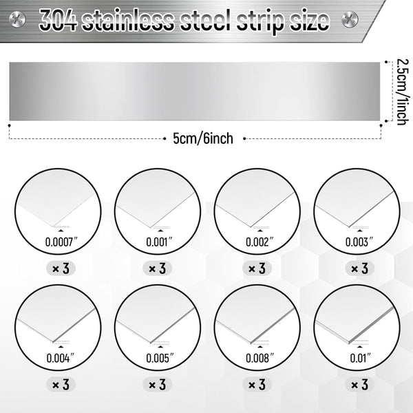 Amylove 24 Pcs 304 Stainless Steel Strips Shim Stock Metal Shims 1" Width X 6" Length Assortment 8 Thickness Sizes Thin Metal Sheet for Kitchen