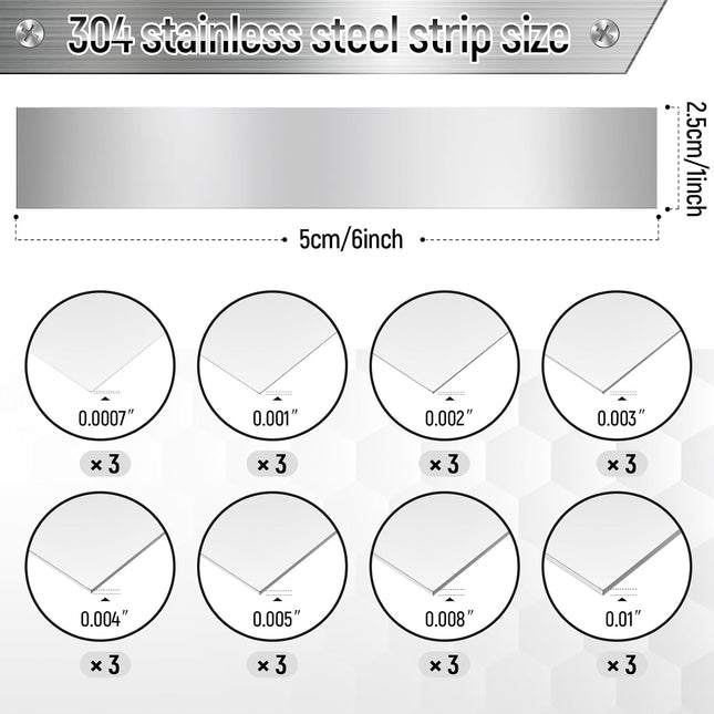 Amylove 24 Pcs 304 Stainless Steel Strips Shim Stock Metal Shims 1" Width X 6" Length Assortment 8 Thickness Sizes Thin 