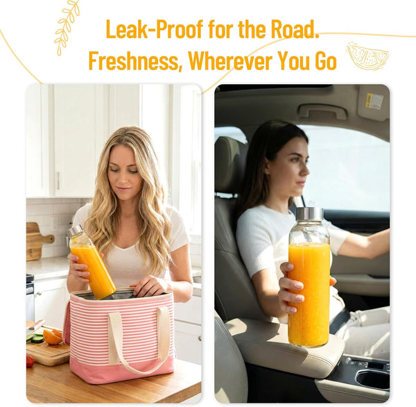 Clear Glass Bottles with Lids 18 Oz, Reusable Glass Water Bottles with Stainless Steel Cap for Juicing, Refrigerator,100% Leak Proof, BPA Free,