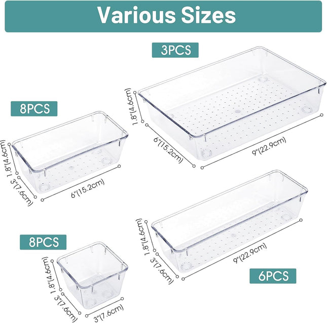 WOWBOX 25 PCS Clear Plastic Drawer Organizer Set, 4 Sizes Desk Drawer Divider Organizers and Storage Bins for Makeup, Je