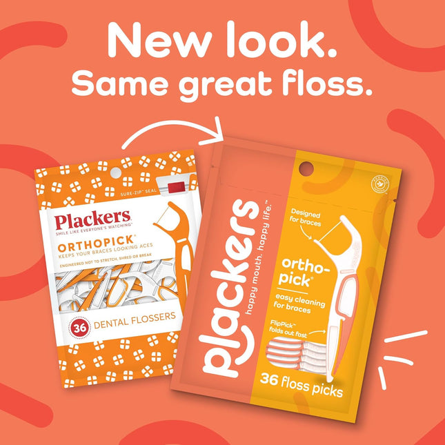 Plackers Orthopick Floss Picks, Unflavored, Designed for Braces, Fold-Out Flippick, Tuffloss, Easy Storage with Sure-Zip