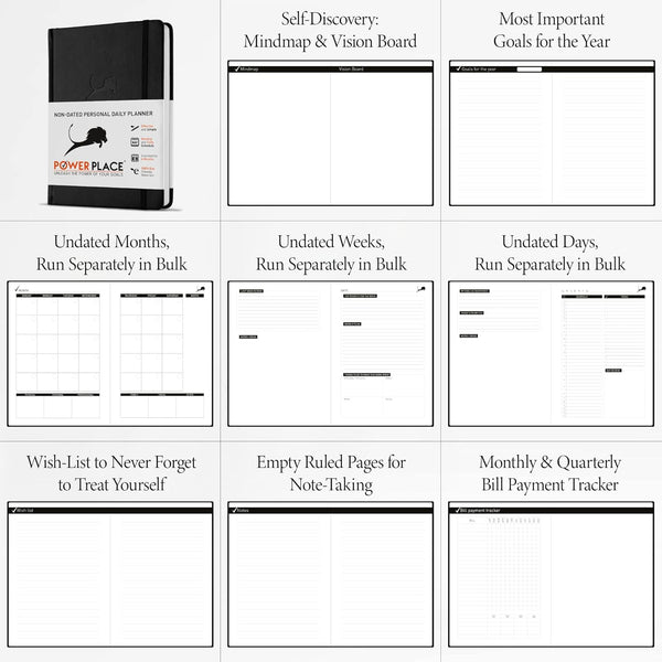 Daily Planner, Calendar & Life Organizer to Improve Time-Management, Productivity & Happiness | Vegan Leather Hardcover Notebook with Blank Dates,
