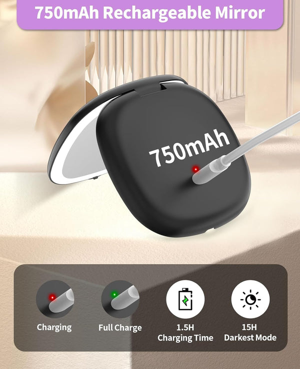 Wobsion Travel Mirror with Light, Rechargeable 1X/10X Compact Magnifying Mirror, Dimmable Pocket Mirror,Handheld 2-Side Mirror with Light,4Inch