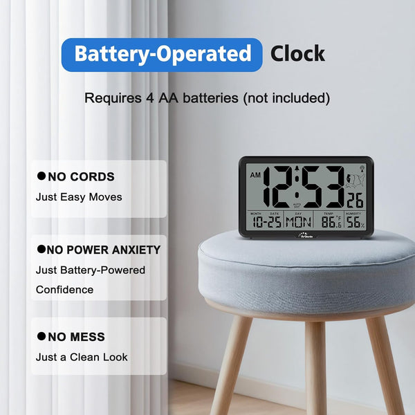 Wallarge Atomic Clock with Indoor Outdoor Temperature, Self-Setting Digital Wall Clock Battery Operated, 4 Time Zones, DST