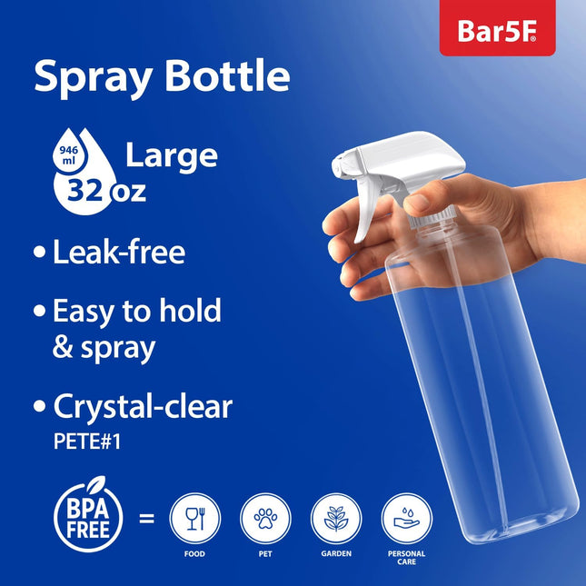 Bar5F Plastic Spray Bottles with Mixor Trigger, 32 Oz | Professional, Leak Proof, Empty, Adjustable Fine to Powerful Spr