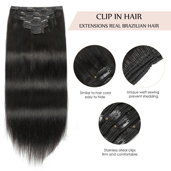 Sisily Clip in Hair Extensions Real Human Hair,14 Inch 130G, Natural Straight Human Hair Clip in Extensions for Black Woman, Soft Straight 7Pcs