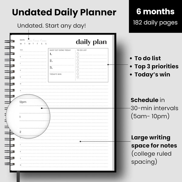 Undated Daily Planner | 2026 Calendar | Large Daily and Monthly Planner with Hourly Schedule, 8.5" x 11" | 6 Month, Full Page a Day, To do List,