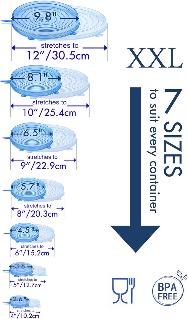 Silicone Stretch Lids 14 Pack Include 2Pcs Size up to 9.8'' Diameter,Reusable Durable Food Storage Covers for Bowl,7 Different Sizes to Meet