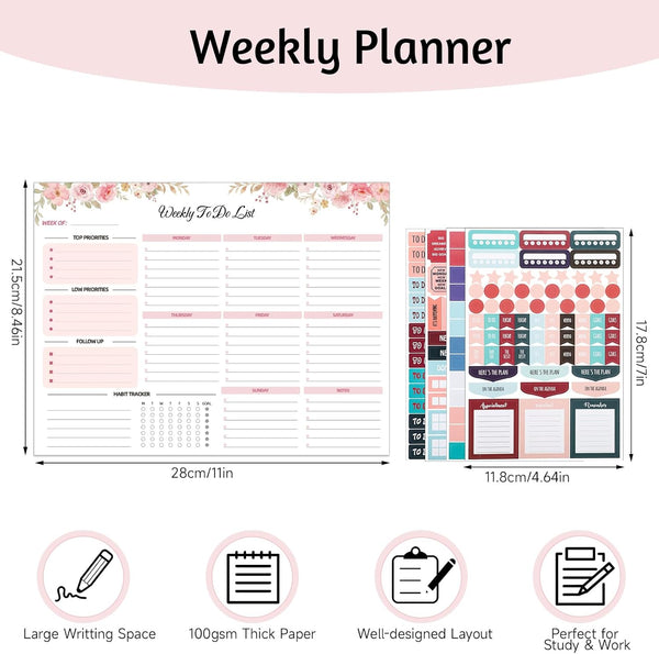 Weekly to Do List Notepad, 8.5''X11'' Weekly Desk Planner with 52 Tear off Sheets Undated Weekly Planner Habit Tracker & Productivity Organizer