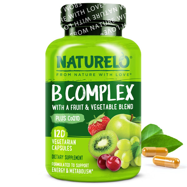 NATURELO Vitamin B Complex with Methyl B12, Methyl Folate, Vitamin B6, Biotin plus Choline, Coq10, and Fruit & Vegetable Blend - Supports Energy &
