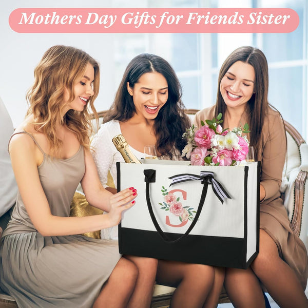 TRSODD Mothers Day Gifts for Sister Friends Birthday Gifts for Her Canvas Initial Tote Bag for Women and Makeup Bag Set
