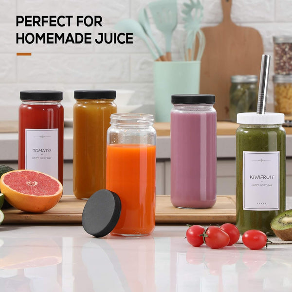 [ 8 Pack ] Glass Juicing Bottles with 2 Straws & 2 Lids W Hole- 16 OZ Travel Drinking Jars, Water Cups with Black Airtight Lids, Reusable Tall