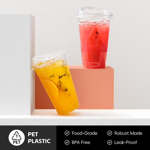 AOZITA 24 Oz. - 100 Sets Crystal Clear Plastic Cups with Strawless Sip-Lids, BPA Free Disposable Plastic Cups with Lids, to Go Cups for Iced