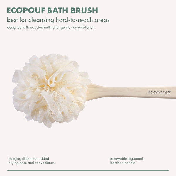 Ecotools Ecopouf Bath Brush, Loofah Brush for Bath & Shower, Made with Long Handle & Recycled, Soft Netting for Gentle Exfoliation, Back Brush for