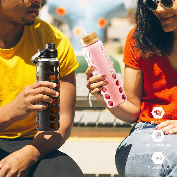 MUKOKO 24Oz Glass Water Bottle with 2 Lids-Handle Flip Lid&Bamboo Straw Lid,Motivational Water Tumbler with Time Marker Reminder and Silicone