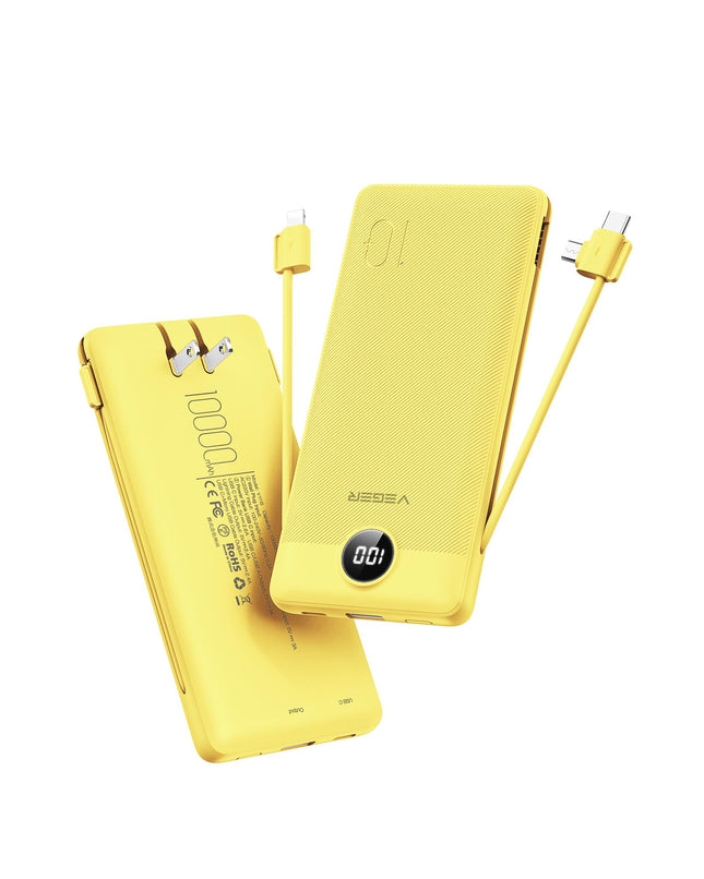 VEGER Portable Charger for Iphone with Built in Cables and Wall Plug, 10000Mah Slim Fast Charging USB C Power Bank, Trav