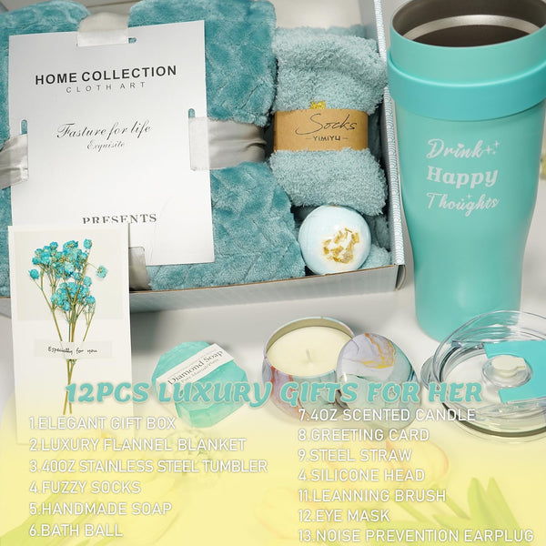 Self Care Gifts for Women, Unique Birthday Gifts for Women, Get Well Soon Basket Care Package Relaxing Spa Set with Flannel Blanket 40Oz Tumbler